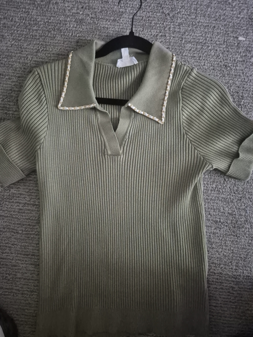 Ribbed Knit Polo Top with Embellished Collar - Olive Green